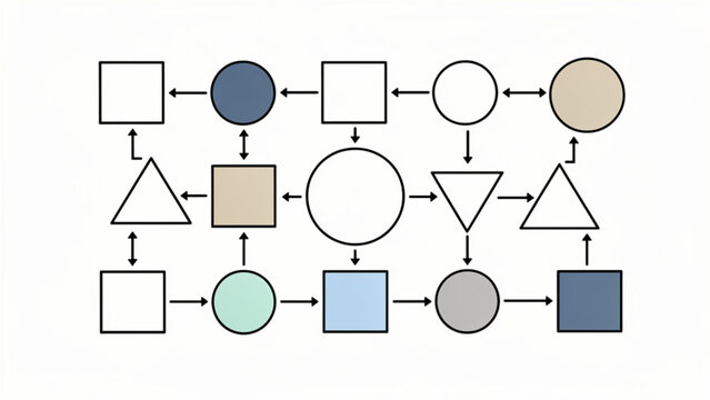 Abstract flowchart with geometric shapes and neutral colors illustrating complex process steps