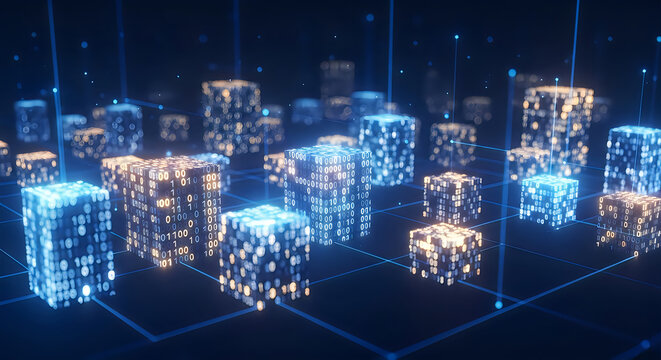 Glowing digital cubes representing binary code data structures floating on a dark blue grid with bright light particles and nodes