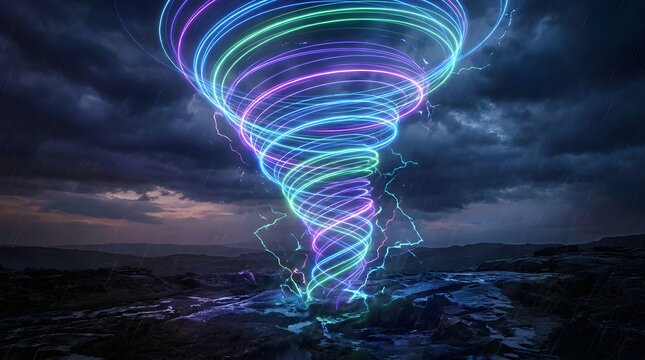 Tornado formed by glowing neon light trails swirls against a dark stormy sky to represent the powerful and unpredictable nature of digital energy and atmospheric phenomena.
