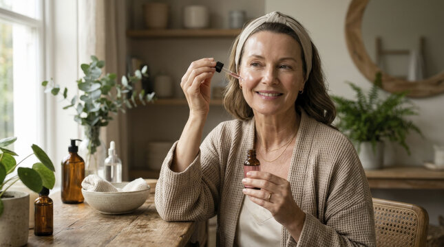 Happy Mature Woman Confidently Applying PDRN Salmon DNA Anti-Aging Serum at Home