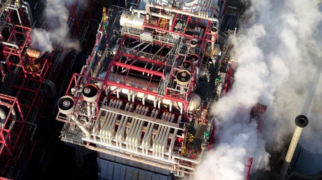 Aerial shot focusing on metal industrial building rooftops, exhaust flues, and utility piping frameworks