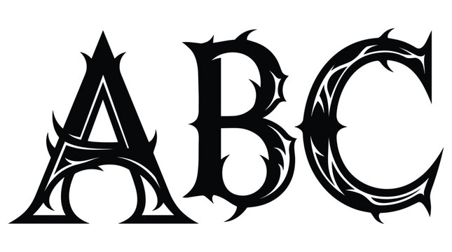 ABC letters gothic ornate font alphabet typographic design graphic alphabet decorative letters stylized character medieval ornate typeface.