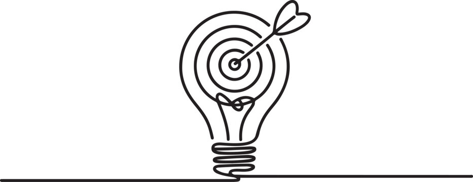 Continuous one line drawing of light bulb with a dart board. Startup idea creative imagination jackpot highest point. One line icon vector illustration