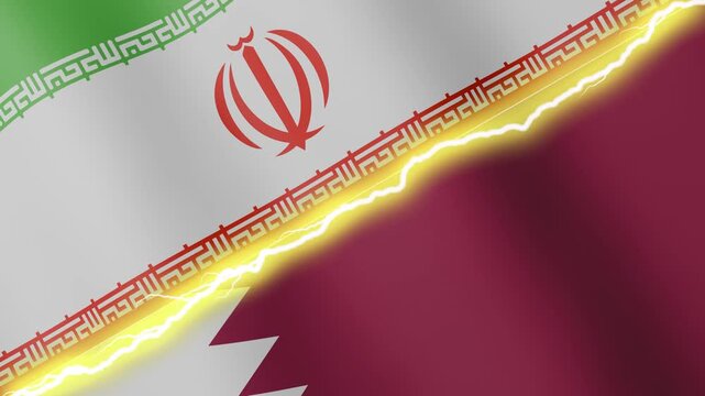 Two waving flags Iran and Qatar with diagonal lightning seamless, 4k loop