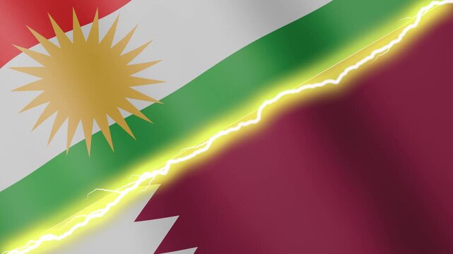 Two waving flags Kurdistan and Qatar with diagonal lightning seamless, 4k loop