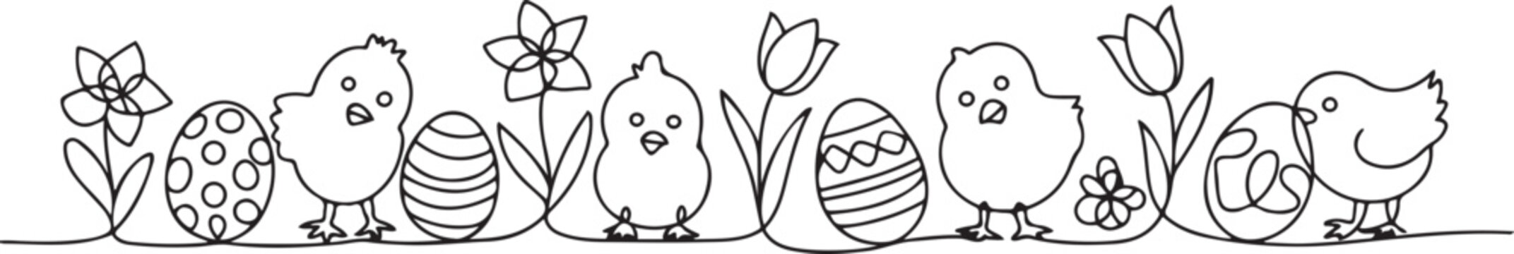 Happy Easter spring decoration. Easter eggs, chicks and flowers. One line icon vector illustration
