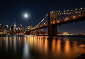 Fototapeta premium Brooklyn bridge and new york city skyline at night with a bright full moon reflecting in the river water