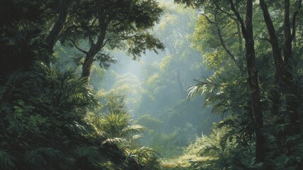 Obraz premium Bright sunlight shines through trees in a dense forest with lush greenery and plants in the undergrowth