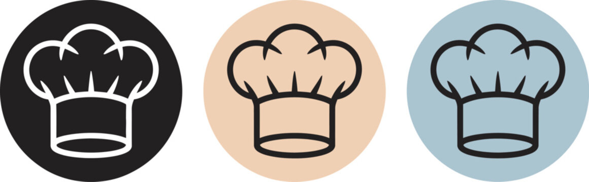 Chef hat icon set outline and solid style cooking toque icons isolated vector pack representing chefs, cooking expertise, food preparation and restaurant identity design elements.