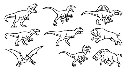 Dinosaur Collection, Prehistoric Beasts Vector Set, Ancient Reptiles and Mammals, Line Art Icons for Educational and Thematic Designs © Sidra