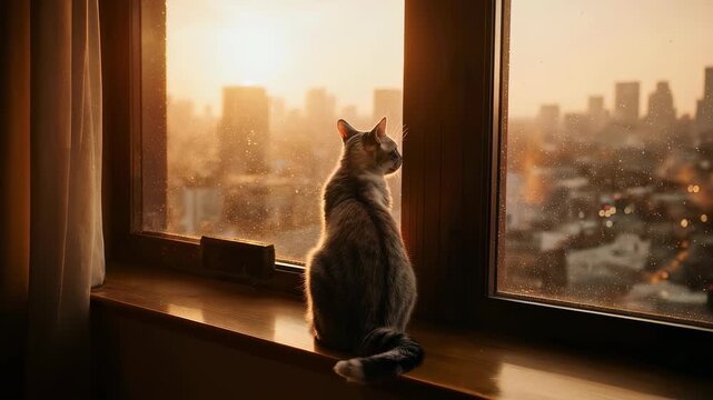 Cat sitting on windowsill looking outside.