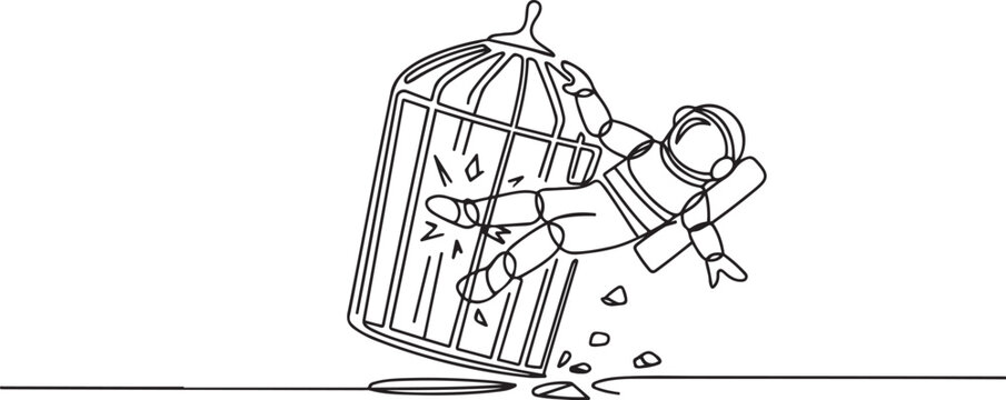 Single one line drawing astronaut trapped in the cage kick the caged until wrecked. Freedom of expression for the smooth running of business. One line icon vector illustration