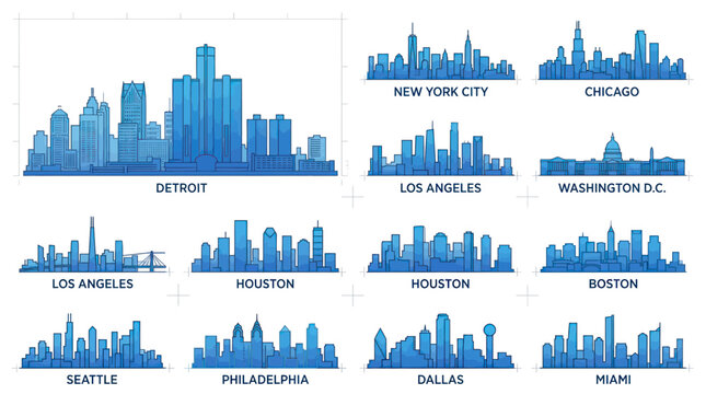 Diverse City Skylines Collection: Blue Geometric Silhouettes of US Cities