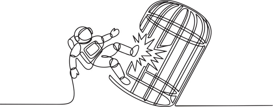 Single one line drawing astronaut trapped in the cage kick the caged until wrecked. Freedom of expression for the smooth running of business. One line icon vector illustration