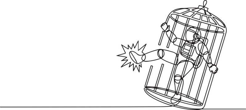 Single one line drawing astronaut trapped in the cage kick the caged until wrecked. Freedom of expression for the smooth running of business. One line icon vector illustration