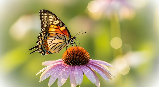 Butterfly on Pink Coneflower with Dewdrops
