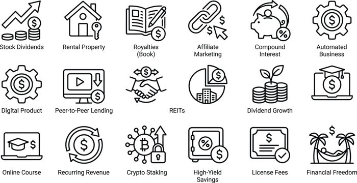 financial icons set line style on white background