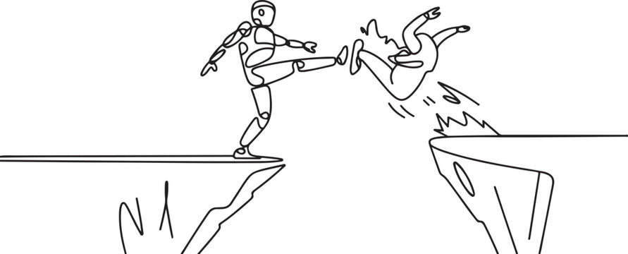 Single one line drawing robot kick throw colleague off cliff or hill. Eliminate rival coworker. Rivalry and competition. One line icon vector illustration