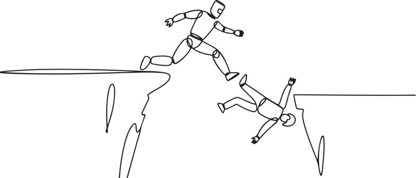Single one line drawing robot kick throw colleague off cliff or hill. Eliminate rival coworker. Rivalry and competition. One line icon vector illustration