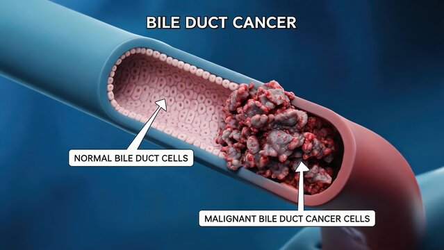 3D Medical Cross-Section Illustration of Bile Duct Cancer Comparing Normal Epithelial Cells and Malignant Cancer Cells Blocking Bile Duct Lumen