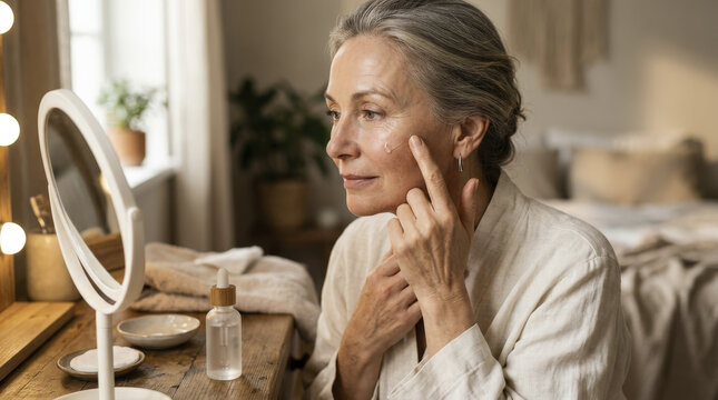 Senior woman applies spicule serum for liquid microneedling, promoting anti-aging and healthy skin rejuvenation at home.