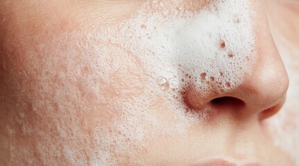 Fototapeta premium Skincare routine of a woman using foam for facial cleansing and beauty face wash