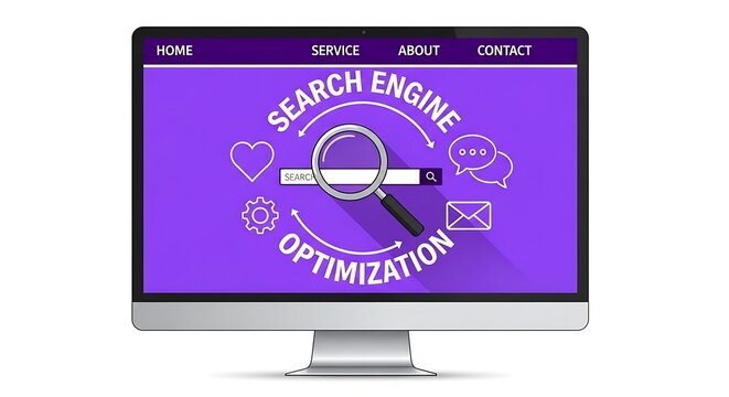 A computer monitor displays a search engine optimization illustration on screen.