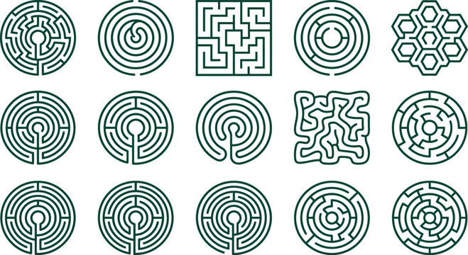 Minimal black line labyrinth maze symbols layout displaying circular spiral pathway geometric puzzle route concentric ring hexagonal structure sacred path
