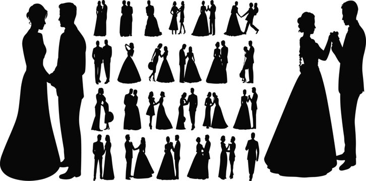 Wedding, silhouettes, set, collection, bride, groom, couples, romantic, love, marriage, isolated, white, background, vector, illustration, graphic, design, elements, bundle, ceremony,