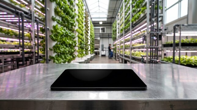 Blank tablet screen mockup on a metal table inside a modern indoor vertical farm