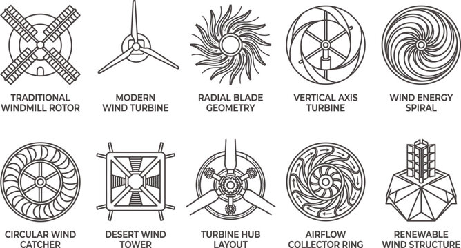 Renewable wind energy structure line icons series presenting traditional rotor modern turbine radial blade geometry vertical axis spiral catcher