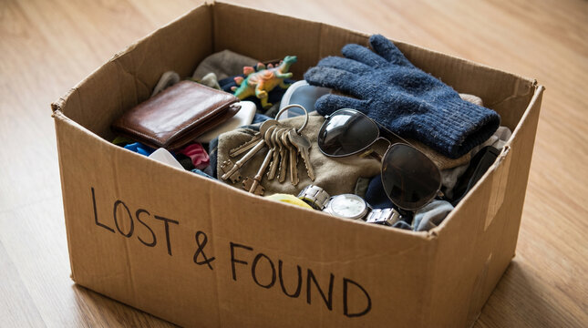 Lost and found box filled with various items on wooden floor  