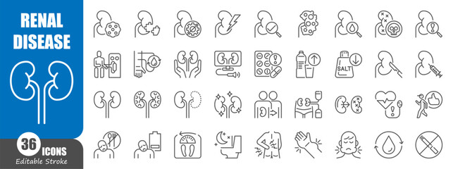 Obraz na płótnie Canvas Renal disease with hemodialysis and kidney transplant thin line icons set. Editable stroke.