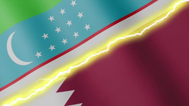 Two waving flags Uzbekistan and Qatar with diagonal lightning seamless, 4k loop