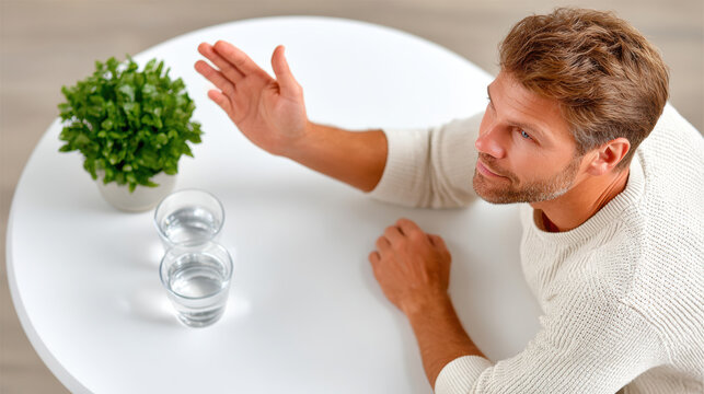 Overhead view of man refusing a drink at a table with two glasses for wellness and sobriety awareness background and campaign design