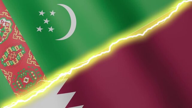 Two waving flags Turkmenistan and Qatar with diagonal lightning seamless, 4k loop