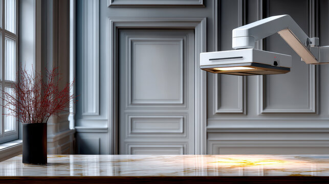 Ceiling side boom surgical lamp above marble table in elegant procedure room for medical treatment background and clinical equipment display