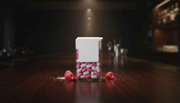 Premium candy box with a white label on a dark mahogany bar