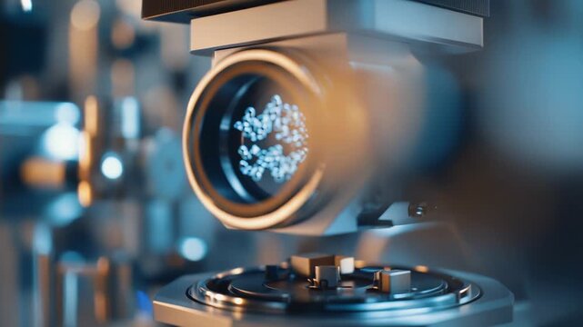 Microscope lens focusing on intricate molecular structures in a modern biotechnology lab, symbolizing precision research, nanotechnology innovation and medical discovery