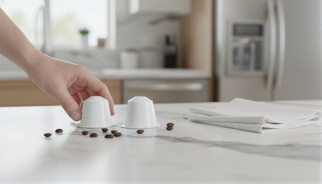 Premium coffee pods on a marble counter during a morning brewing routine