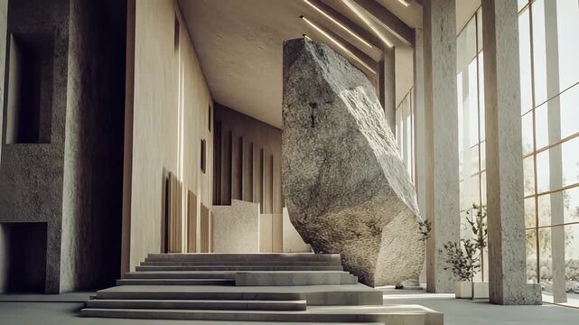Interior space of an imposing concrete architectural structure featuring a massive rough hewn boulder as a central art installation. Creating an atmosphere of monumental serenity and minimalist design
