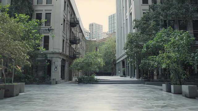 Open urban courtyard featuring a harmonious blend of green trees, lush plants, historic structures, and contemporary buildings, creating an inviting public space for city life