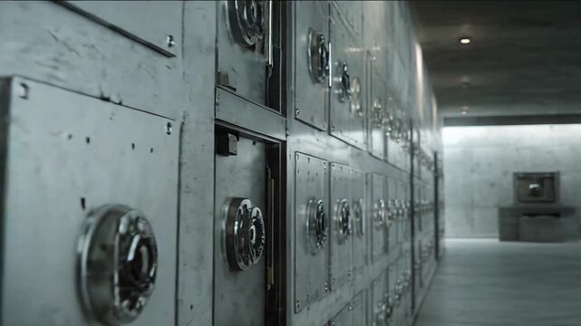 Vault interior featuring a long wall filled with rows of metal safety deposit boxes, each with a combination lock, creating a sense of security and valuable storage in a modern concrete environment