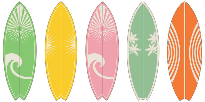 Vintage Summer Surfboard Collection with Retro Surf Patterns, Tropical Beach Elements and Coastal Lifestyle Graphics for Seasonal Travel and Leisure Designs