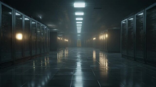Server racks filling a long corridor in a data center, reflecting fluorescent lights on the polished floor, symbolizing modern cloud computing and networking technology infrastructure