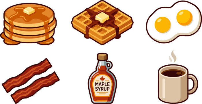 Classic Breakfast Set with Pancakes, Waffles, Eggs, Bacon, and Coffee