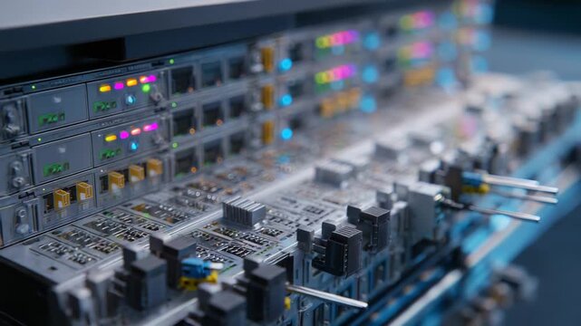 Server rack units and network switches operating with vibrant lights, showing the intricate details of digital infrastructure and cloud computing technology