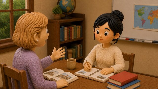 クレイアニメ風の二人の女性が語学教室で本を広げながら会話レッスンをする温かみのあるシーン