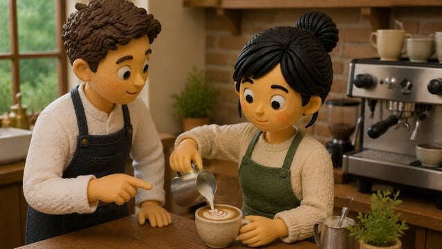 クレイアニメ風の男女二人がカフェのカウンターでラテアートを練習するコーヒーショップシーン