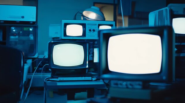 Row of vintage crt televisions with glowing white screens in a dim room, evoking retro broadcasting, obsolete technology, media surveillance, data monitoring, and nostalgia
